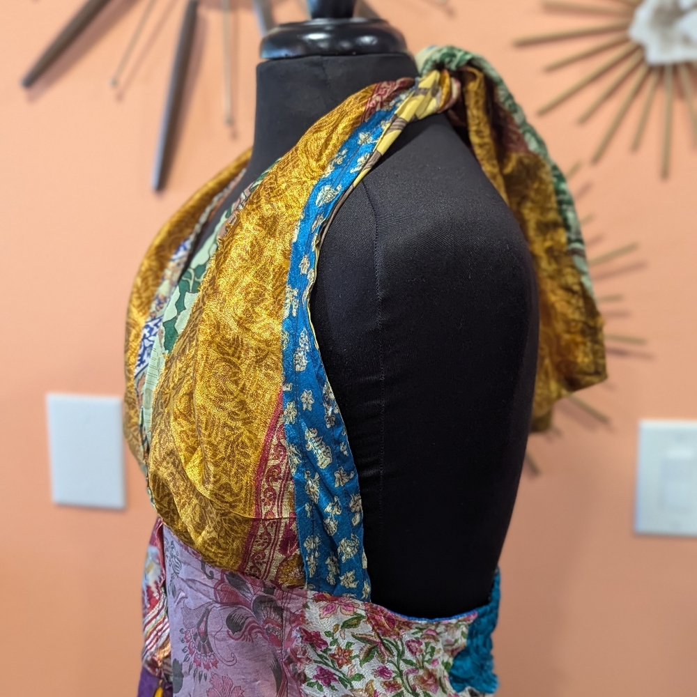 Bohenian Jack Pot Silk Multicolor Patchwork Halter Dress Maxi Festival - Picture 11 of 16